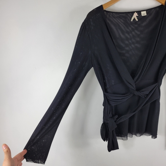 Maeve Y2K Sheer Nylon Mesh Belted Knot Front Long Sleeve Deep V Neck Blouse - Picture 2 of 8